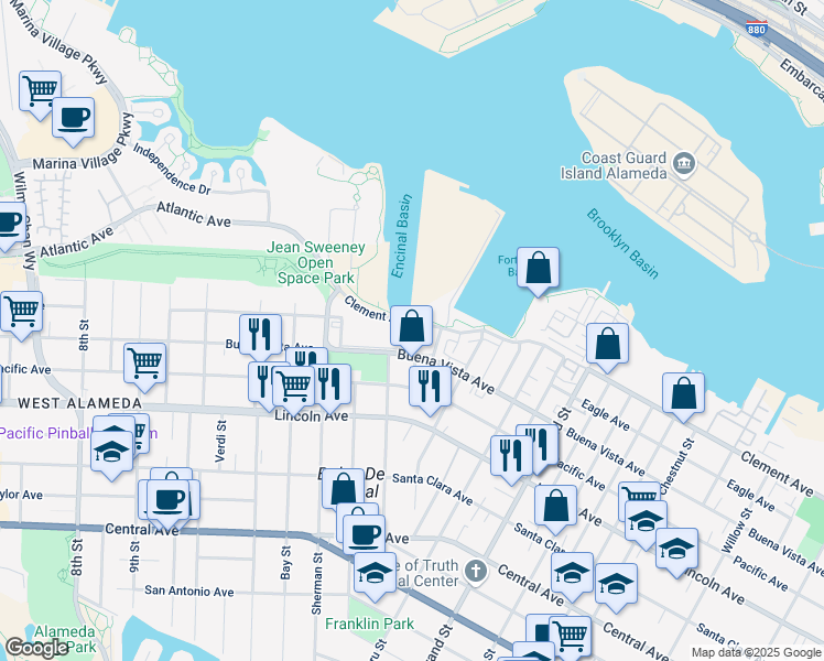 map of restaurants, bars, coffee shops, grocery stores, and more near 1714 Benton Street in Alameda