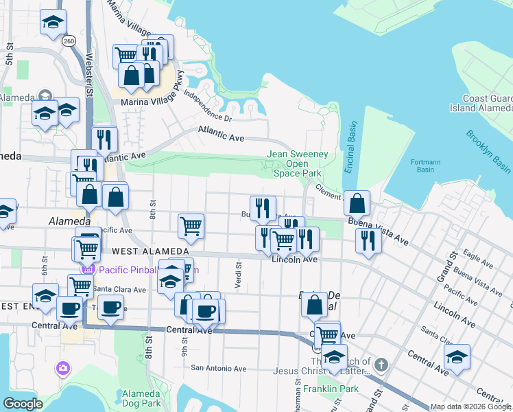 map of restaurants, bars, coffee shops, grocery stores, and more near 1028 Eagle Avenue in Alameda