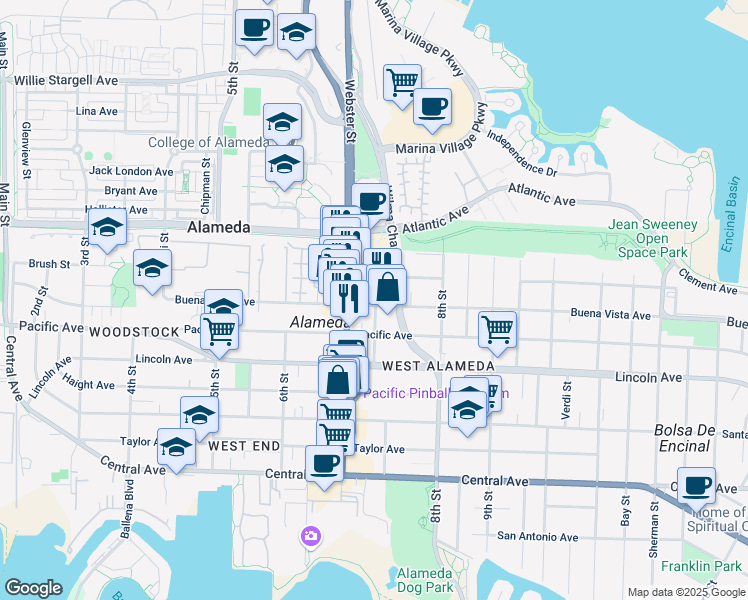map of restaurants, bars, coffee shops, grocery stores, and more near 727 Buena Vista Avenue in Alameda