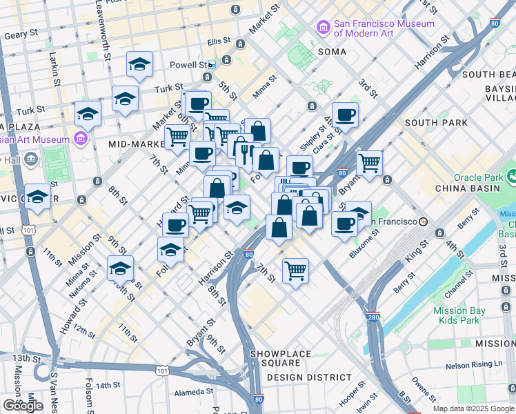 map of restaurants, bars, coffee shops, grocery stores, and more near 1000 Harrison Street in San Francisco
