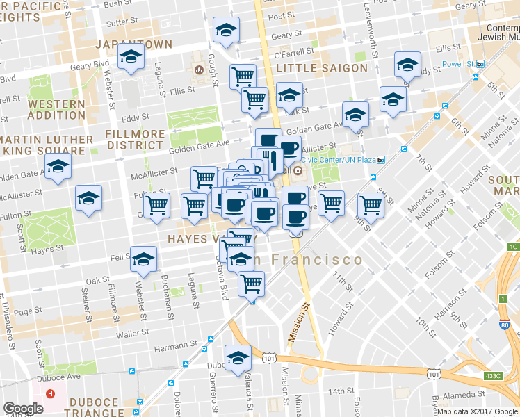 map of restaurants, bars, coffee shops, grocery stores, and more near 300 Franklin Street in San Francisco