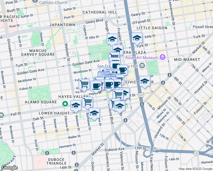 map of restaurants, bars, coffee shops, grocery stores, and more near 465 Grove Street in San Francisco
