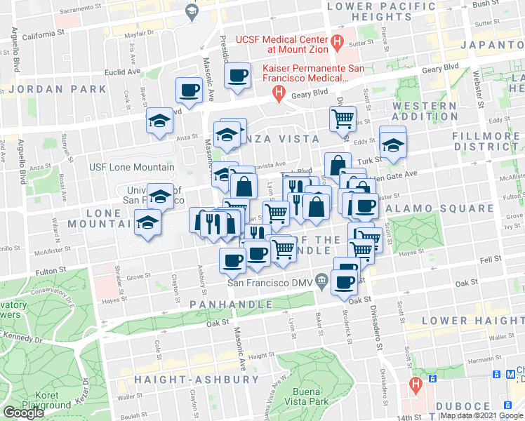 map of restaurants, bars, coffee shops, grocery stores, and more near 711 Lyon Street in San Francisco