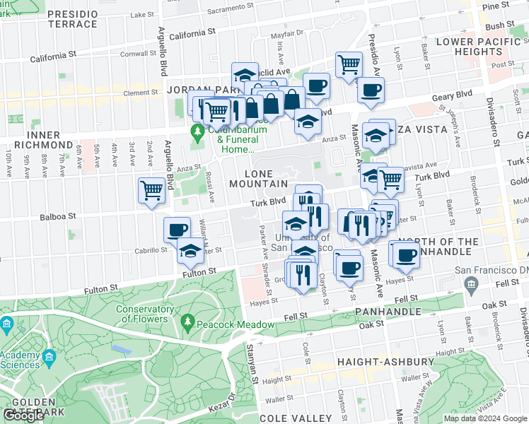 map of restaurants, bars, coffee shops, grocery stores, and more near 31 Temescal Terrace in San Francisco