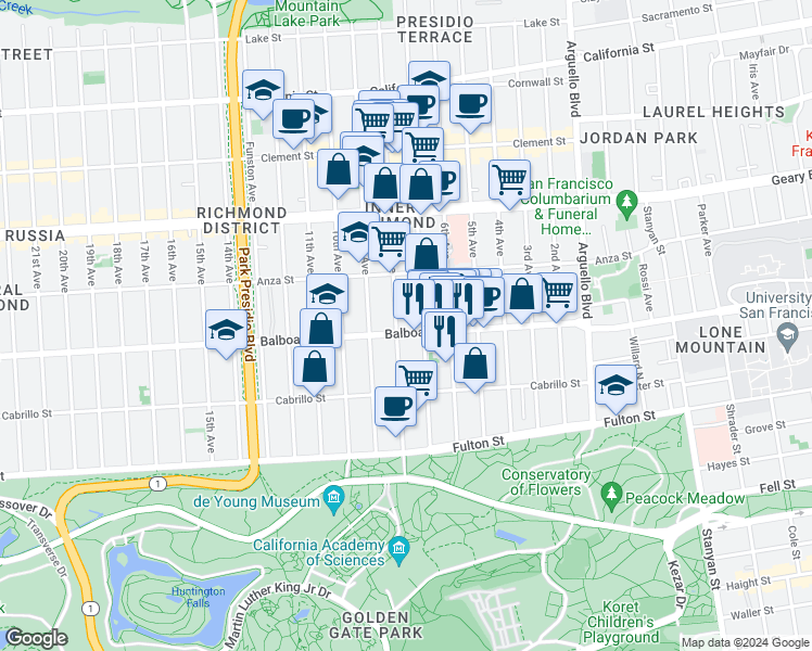 map of restaurants, bars, coffee shops, grocery stores, and more near in San Francisco