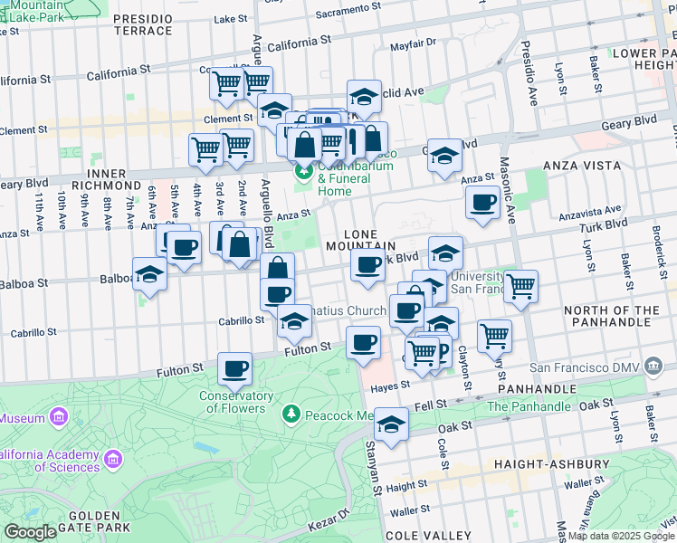 map of restaurants, bars, coffee shops, grocery stores, and more near 3001 Turk Blvd in San Francisco