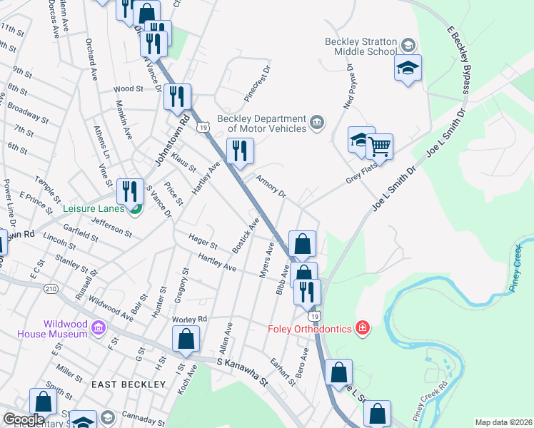 map of restaurants, bars, coffee shops, grocery stores, and more near 359 South Eisenhower Drive in Beckley