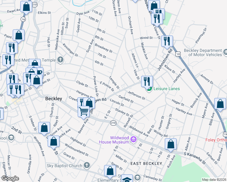 map of restaurants, bars, coffee shops, grocery stores, and more near 572 E Prince St in Beckley