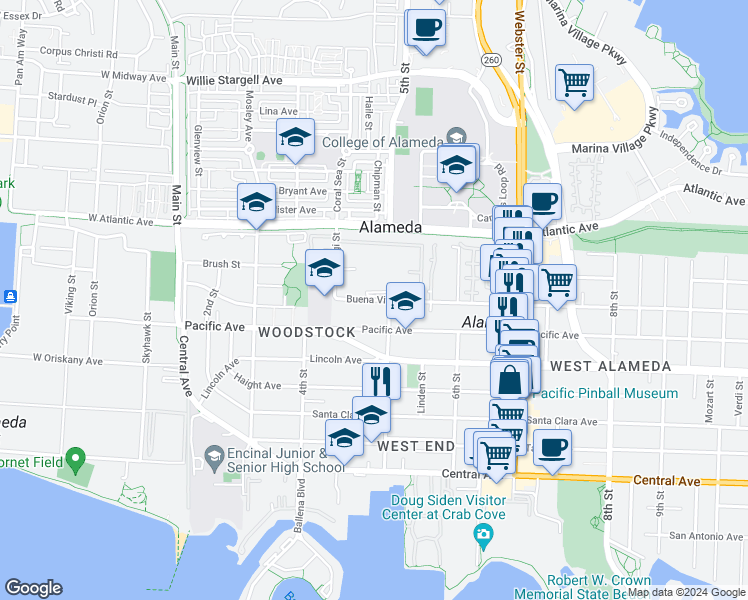 map of restaurants, bars, coffee shops, grocery stores, and more near 461 Buena Vista Avenue in Alameda