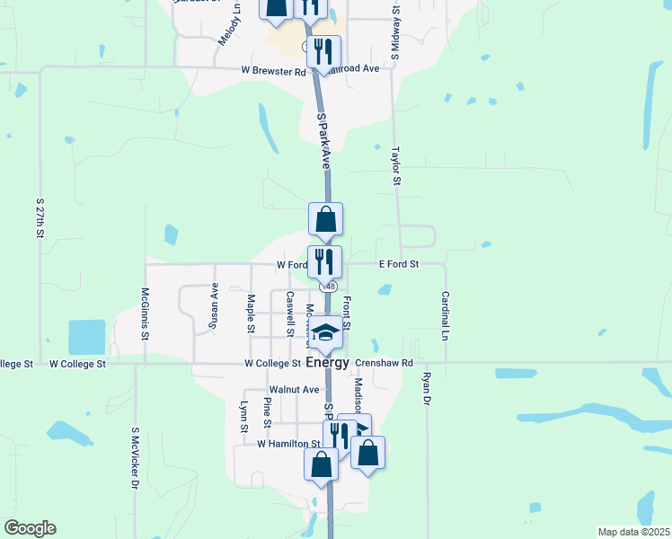 map of restaurants, bars, coffee shops, grocery stores, and more near 406 North Pershing Street in Energy