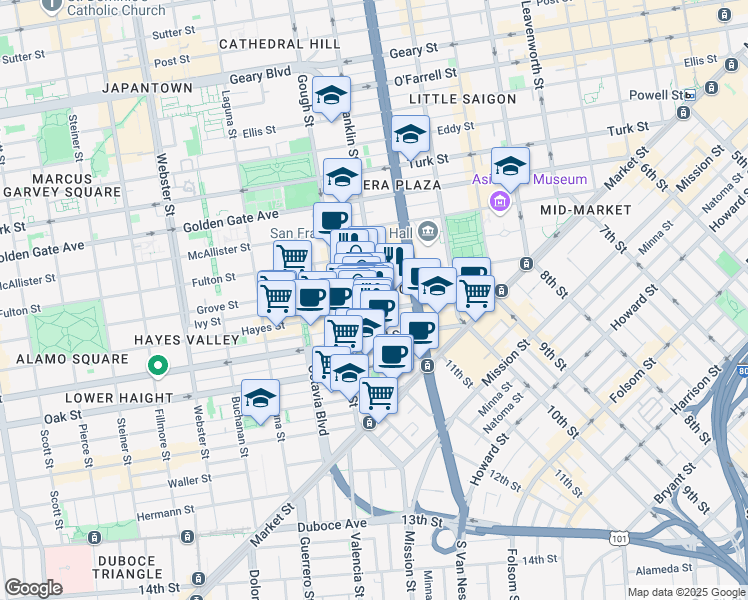 map of restaurants, bars, coffee shops, grocery stores, and more near 325 Franklin Street in San Francisco