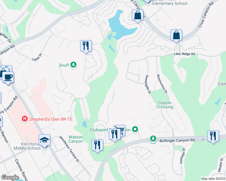 map of restaurants, bars, coffee shops, grocery stores, and more near 805 Watson Canyon Court in San Ramon
