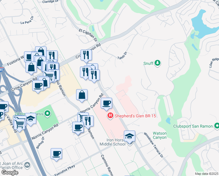 map of restaurants, bars, coffee shops, grocery stores, and more near 108 Norris Canyon Terrace in San Ramon
