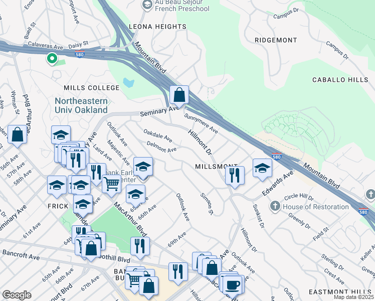 map of restaurants, bars, coffee shops, grocery stores, and more near 3816 Delmont Avenue in Oakland