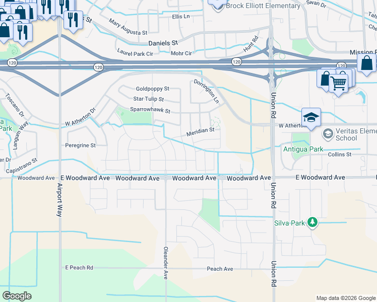 map of restaurants, bars, coffee shops, grocery stores, and more near 1676 Red Ribbons Lane in Manteca