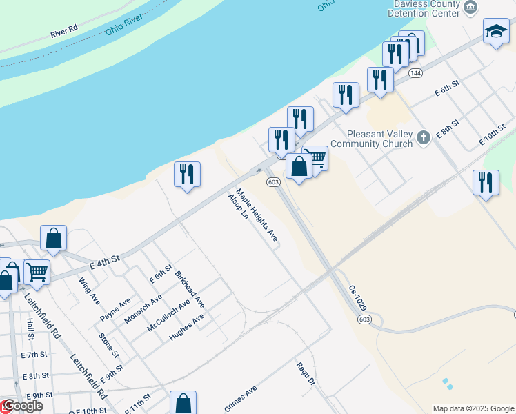 map of restaurants, bars, coffee shops, grocery stores, and more near 521 Maple Heights Avenue in Owensboro