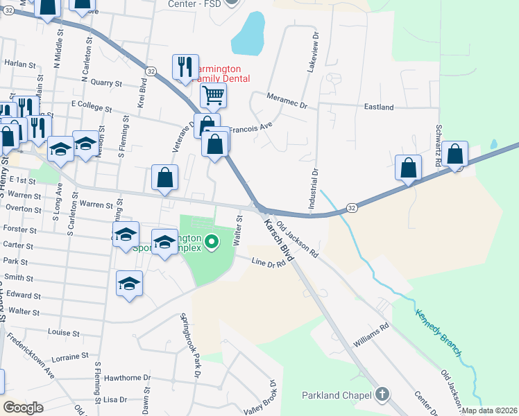 map of restaurants, bars, coffee shops, grocery stores, and more near 1237 East Karsch Boulevard in Farmington