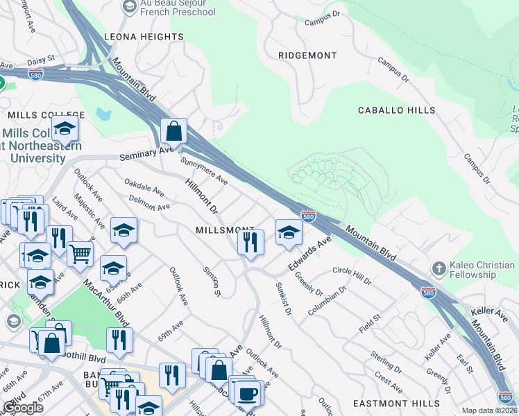 map of restaurants, bars, coffee shops, grocery stores, and more near 3986 Delmont Avenue in Oakland