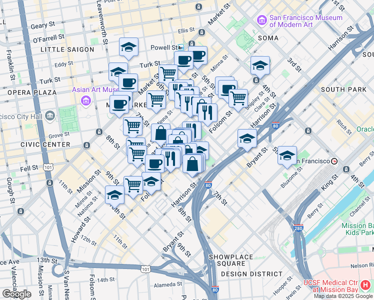 map of restaurants, bars, coffee shops, grocery stores, and more near 1074 Folsom Street in San Francisco