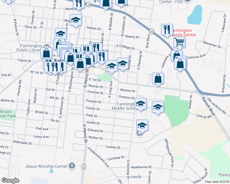 map of restaurants, bars, coffee shops, grocery stores, and more near 314 South Long Street in Farmington