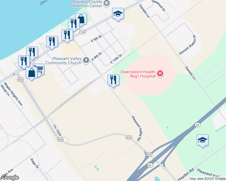 map of restaurants, bars, coffee shops, grocery stores, and more near 1301 Pleasant Valley Road in Owensboro