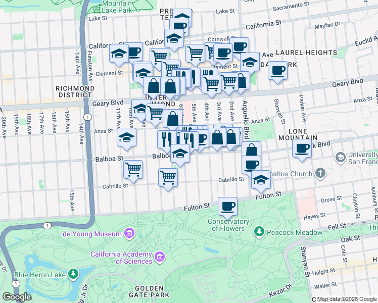 map of restaurants, bars, coffee shops, grocery stores, and more near 436 Balboa Street in San Francisco