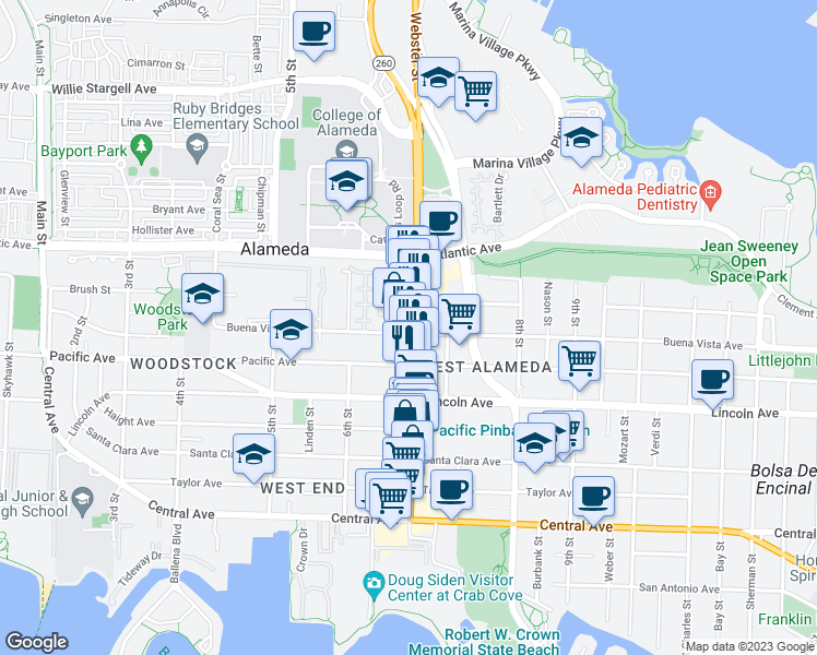 map of restaurants, bars, coffee shops, grocery stores, and more near 1805 Webster St in Alameda