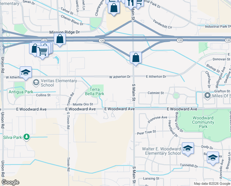 map of restaurants, bars, coffee shops, grocery stores, and more near 1700 Jackie Place in Manteca