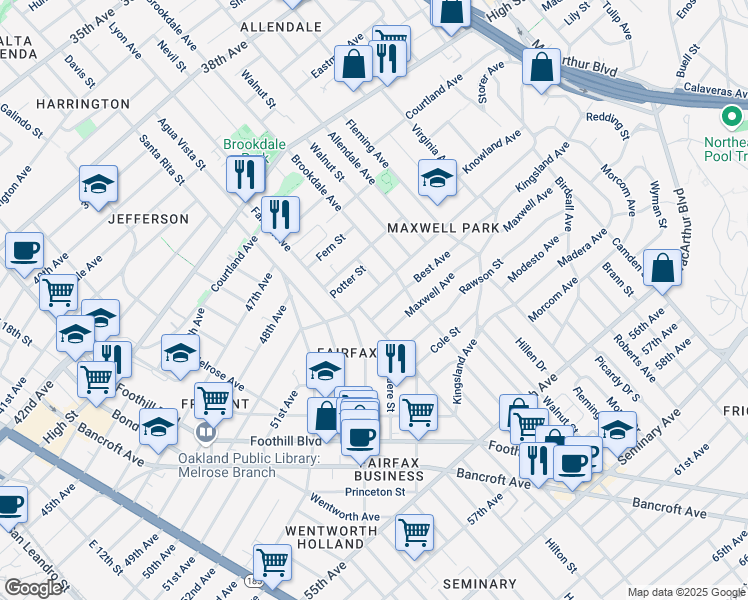 map of restaurants, bars, coffee shops, grocery stores, and more near 2440 Monticello Avenue in Oakland