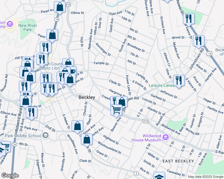map of restaurants, bars, coffee shops, grocery stores, and more near 213 Hargrove Street in Beckley