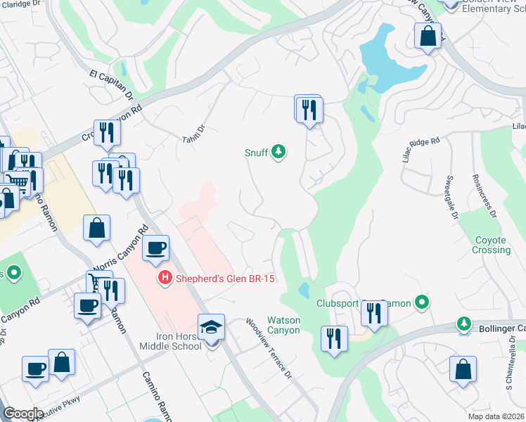 map of restaurants, bars, coffee shops, grocery stores, and more near 205 Canyon Lakes Place in San Ramon