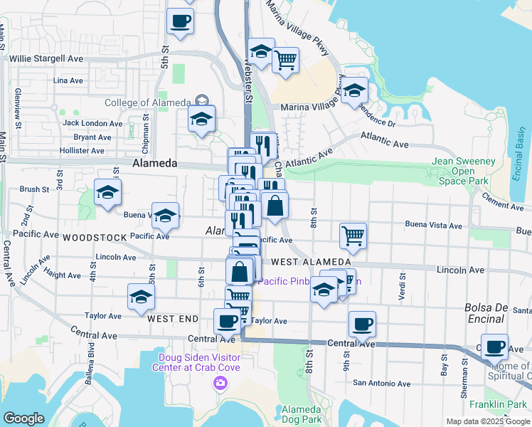 map of restaurants, bars, coffee shops, grocery stores, and more near 727 Buena Vista Avenue in Alameda