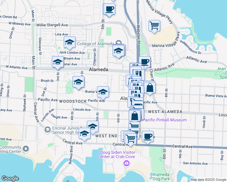 map of restaurants, bars, coffee shops, grocery stores, and more near 547 Buena Vista Avenue in Alameda