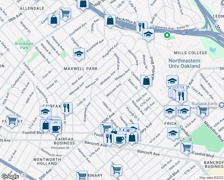 map of restaurants, bars, coffee shops, grocery stores, and more near 2859 Morcom Avenue in Oakland