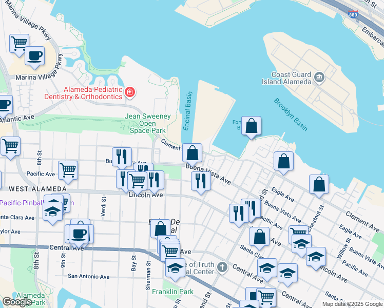 map of restaurants, bars, coffee shops, grocery stores, and more near 1518 Clement Avenue in Alameda
