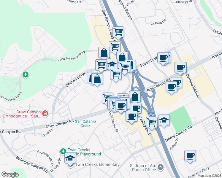 map of restaurants, bars, coffee shops, grocery stores, and more near 2600 Old Crow Canyon Road in San Ramon