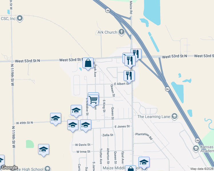 map of restaurants, bars, coffee shops, grocery stores, and more near 201 East Albert Street in Maize