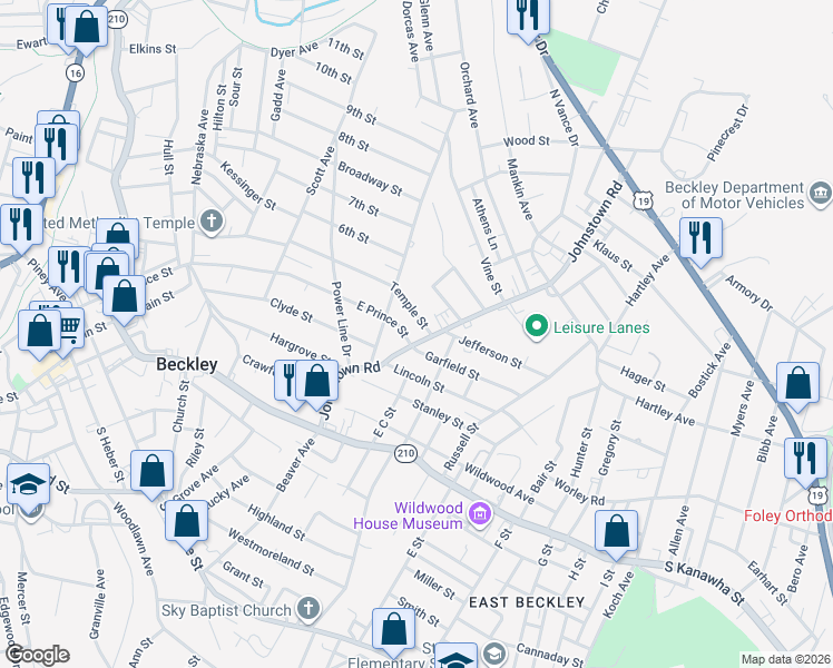 map of restaurants, bars, coffee shops, grocery stores, and more near 500-572 East Prince Street in Beckley