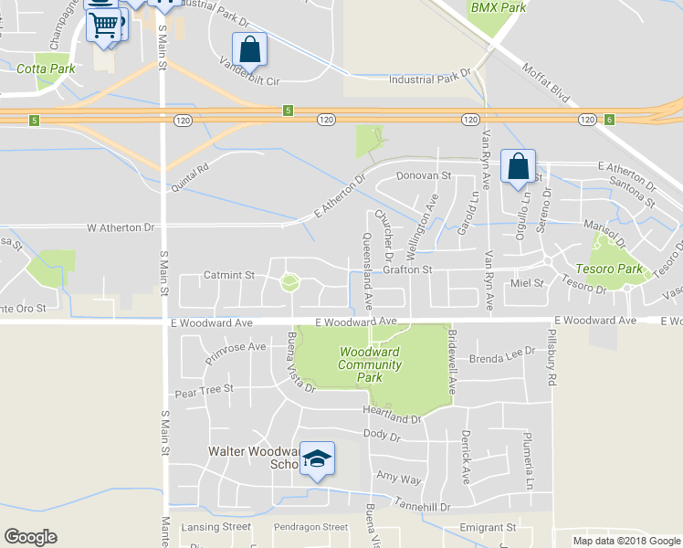 map of restaurants, bars, coffee shops, grocery stores, and more near 1709 Paola Lane in Manteca