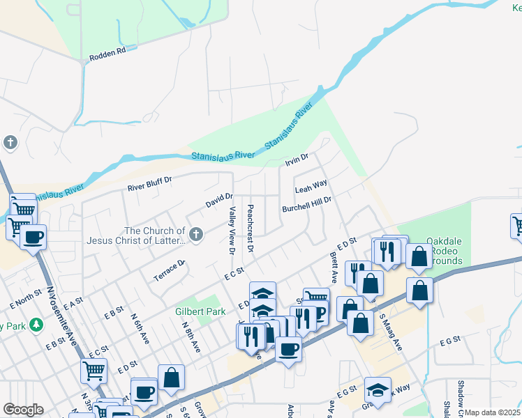 map of restaurants, bars, coffee shops, grocery stores, and more near 638 Almondcrest Street in Oakdale