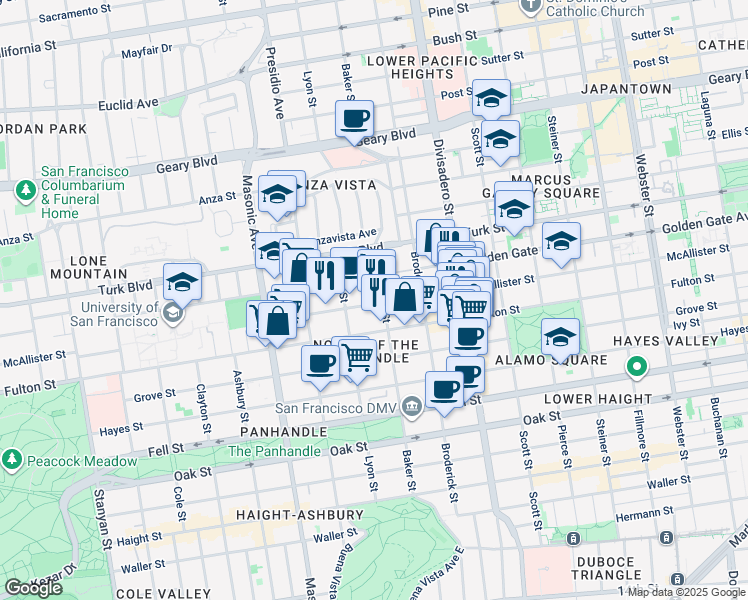 map of restaurants, bars, coffee shops, grocery stores, and more near 705 Baker Street in San Francisco