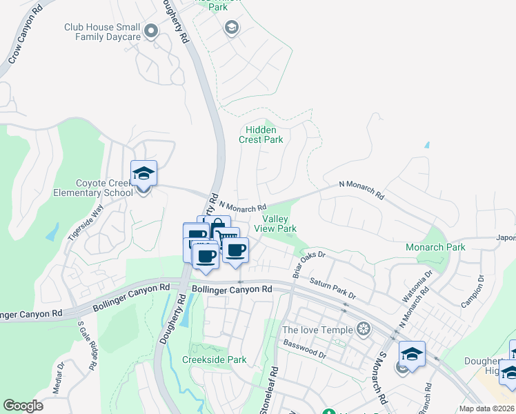 map of restaurants, bars, coffee shops, grocery stores, and more near 11598 North Monarch Road in San Ramon