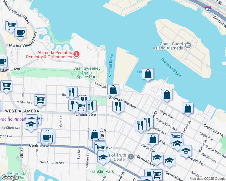 map of restaurants, bars, coffee shops, grocery stores, and more near 1714 Benton Street in Alameda
