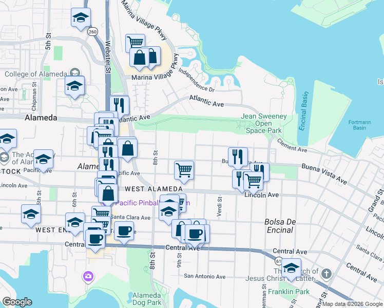 map of restaurants, bars, coffee shops, grocery stores, and more near 1807 Wood Street in Alameda