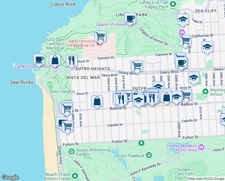 map of restaurants, bars, coffee shops, grocery stores, and more near 5130 Anza Street in San Francisco