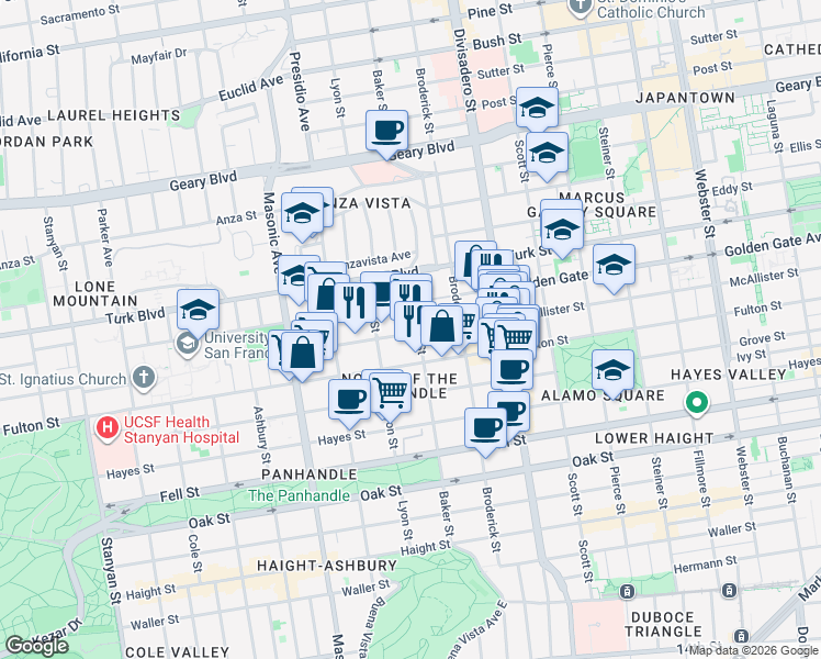 map of restaurants, bars, coffee shops, grocery stores, and more near 705 Baker Street in San Francisco