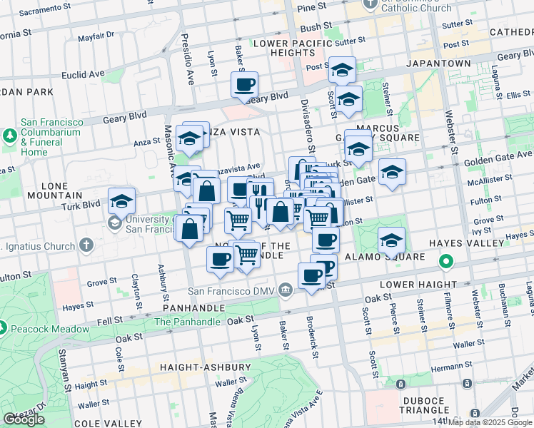 map of restaurants, bars, coffee shops, grocery stores, and more near 705 Baker Street in San Francisco