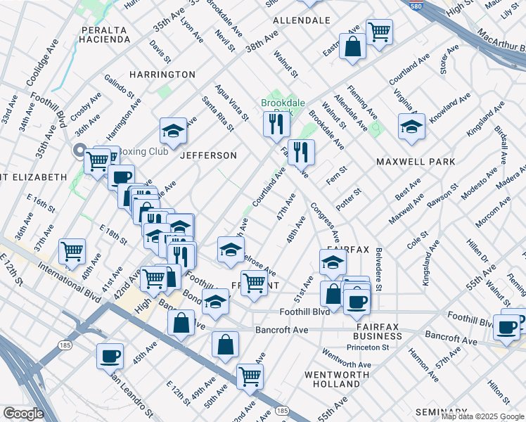 map of restaurants, bars, coffee shops, grocery stores, and more near 4525 San Carlos Avenue in Oakland
