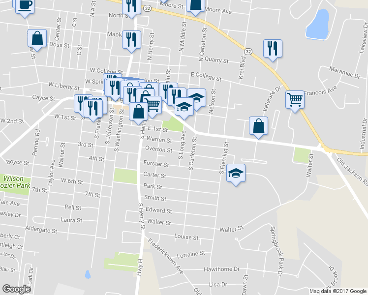 map of restaurants, bars, coffee shops, grocery stores, and more near 314 South Long Street in Farmington