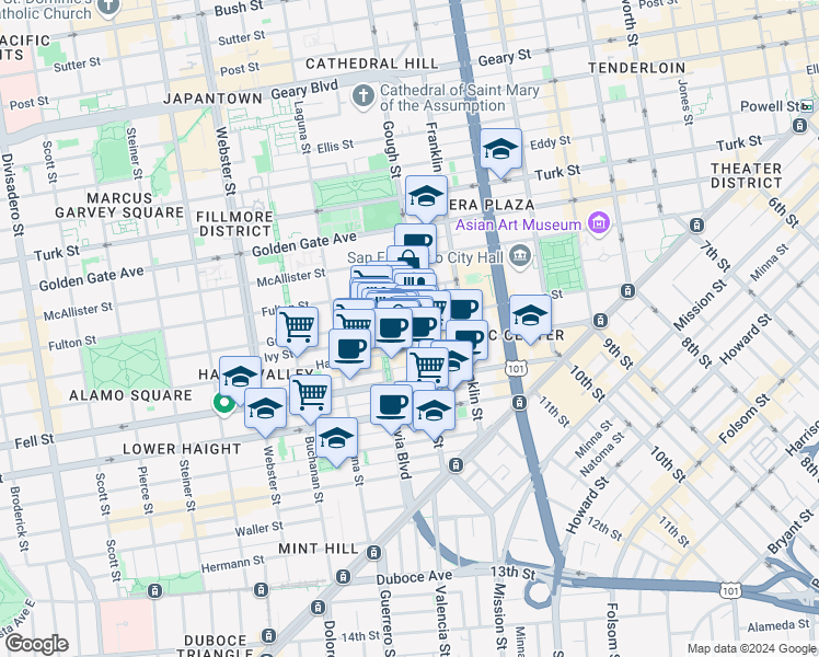 map of restaurants, bars, coffee shops, grocery stores, and more near 401 Grove Street in San Francisco